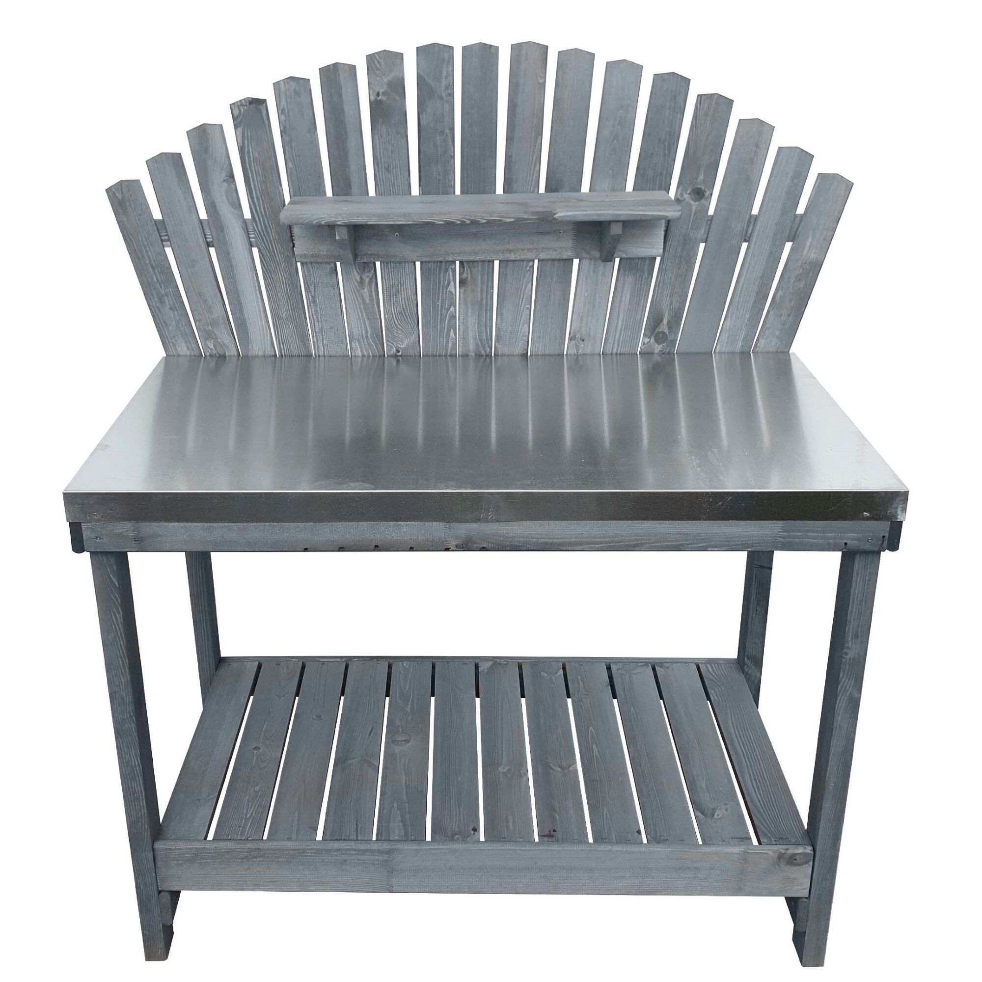 Grauer Gartentisch mit Metallplatte