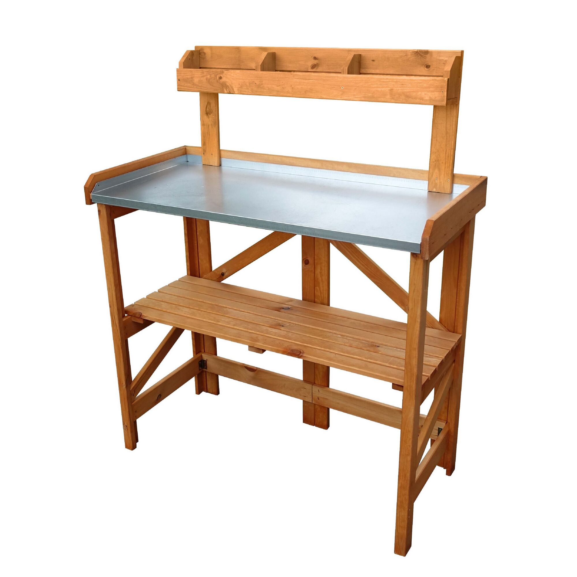 Holztisch mit Metallplatte und Ablage