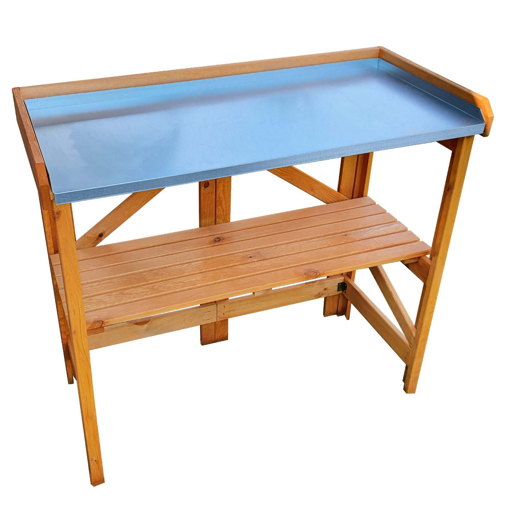 Holztisch mit blauer Ablage