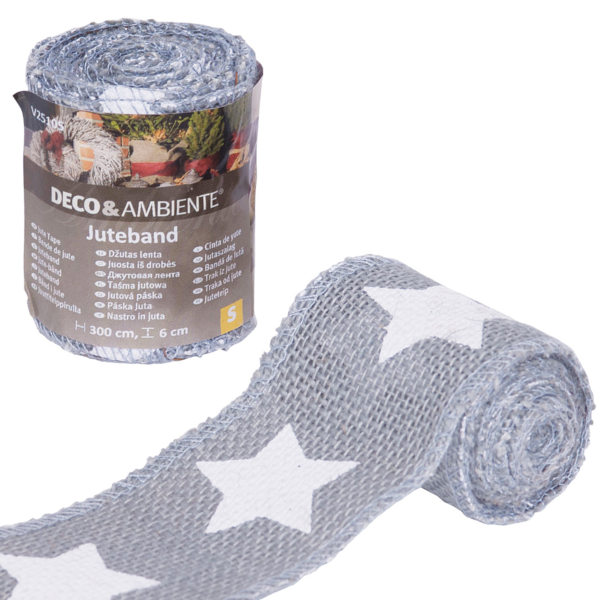 Deko-Juteband 'Sterne' silbergrau 300 x 6 cm