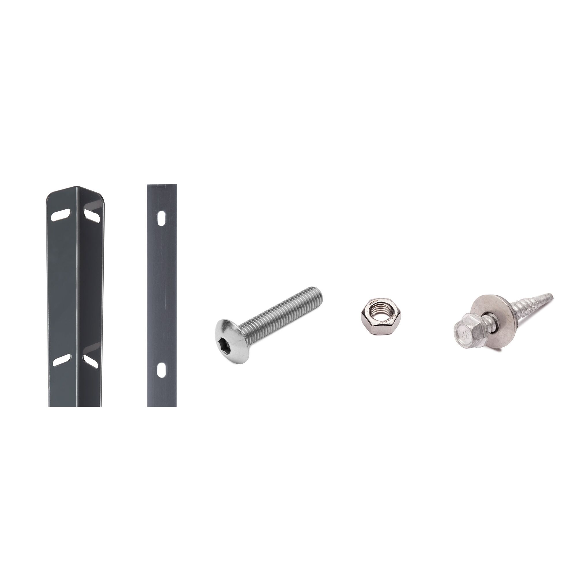 Metallwinkel, Metallstreifen, Schraube, Mutter und Dübel