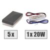Fünf LED-Kappen und ein Transformator