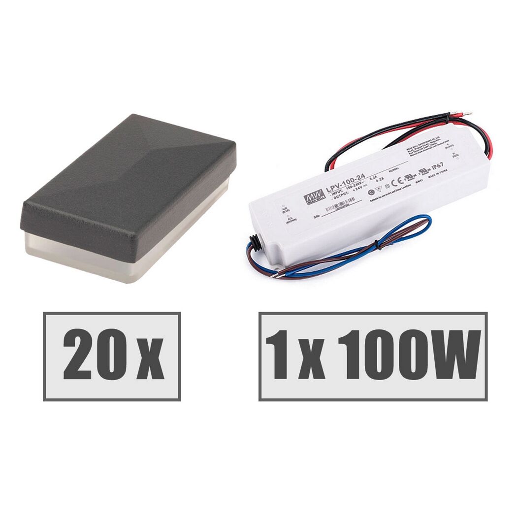 20 LED-Abdeckkappen und ein Transformator