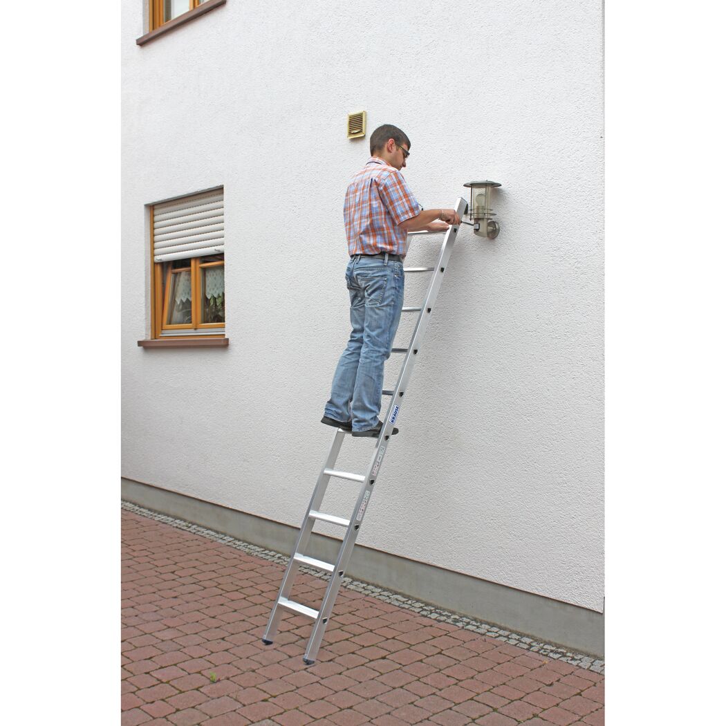 Person auf einer Anlegeleiter vor einem Haus.