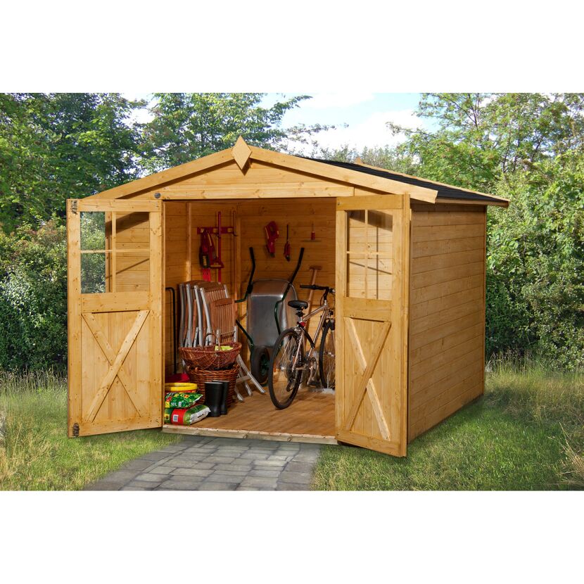 Geräumiges Gartenhaus mit Gartengeräten, Fahrrad, Stühlen und Gummistiefeln.