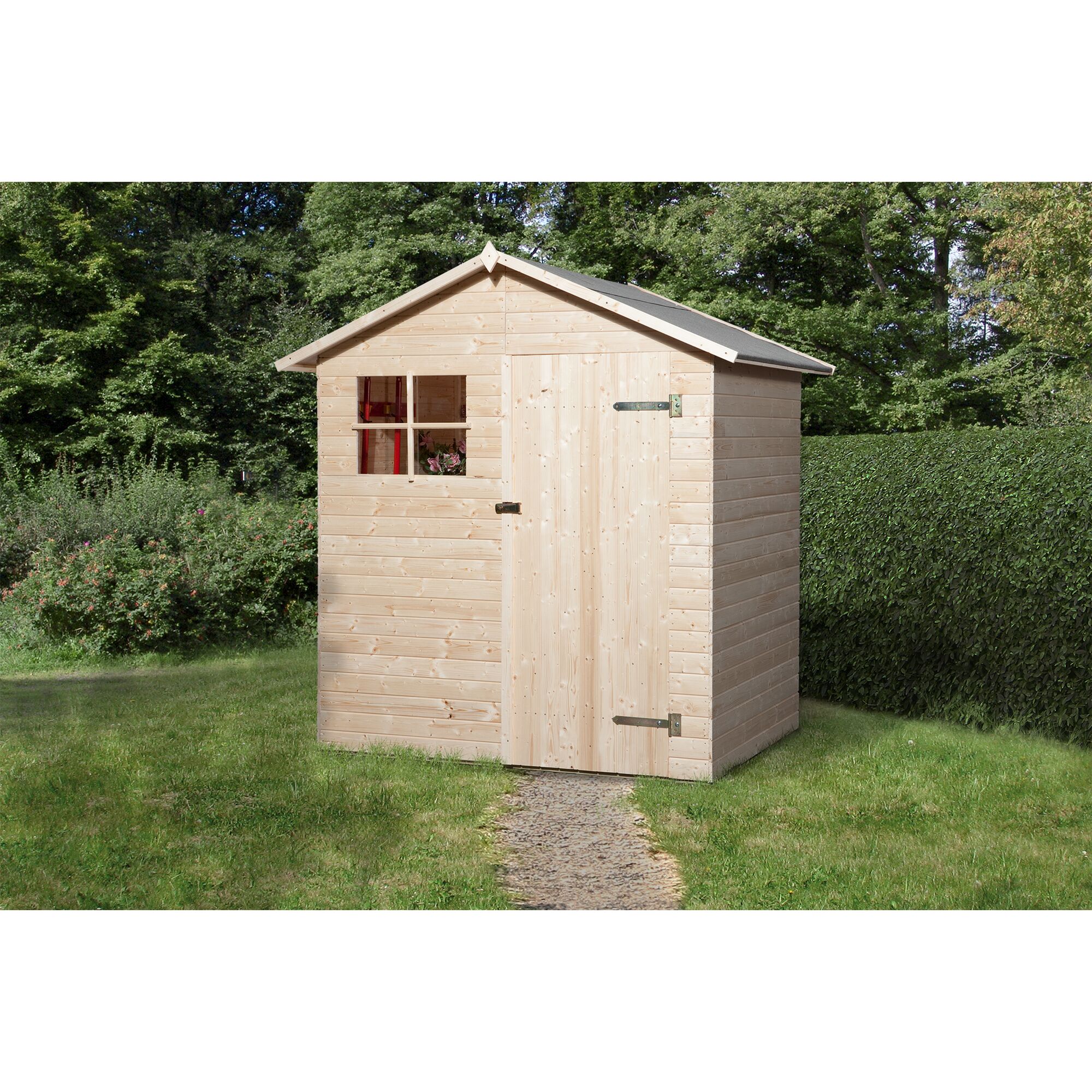 Gerätehaus aus Holz in einem Garten