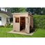 Gartenhaus aus Holz mit geöffneter Tür