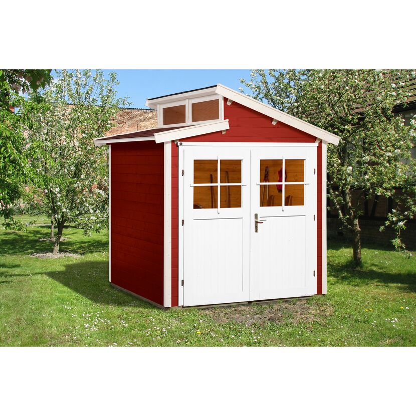 Ein rotes Gartenhaus mit weißen Türen und Fenstern.