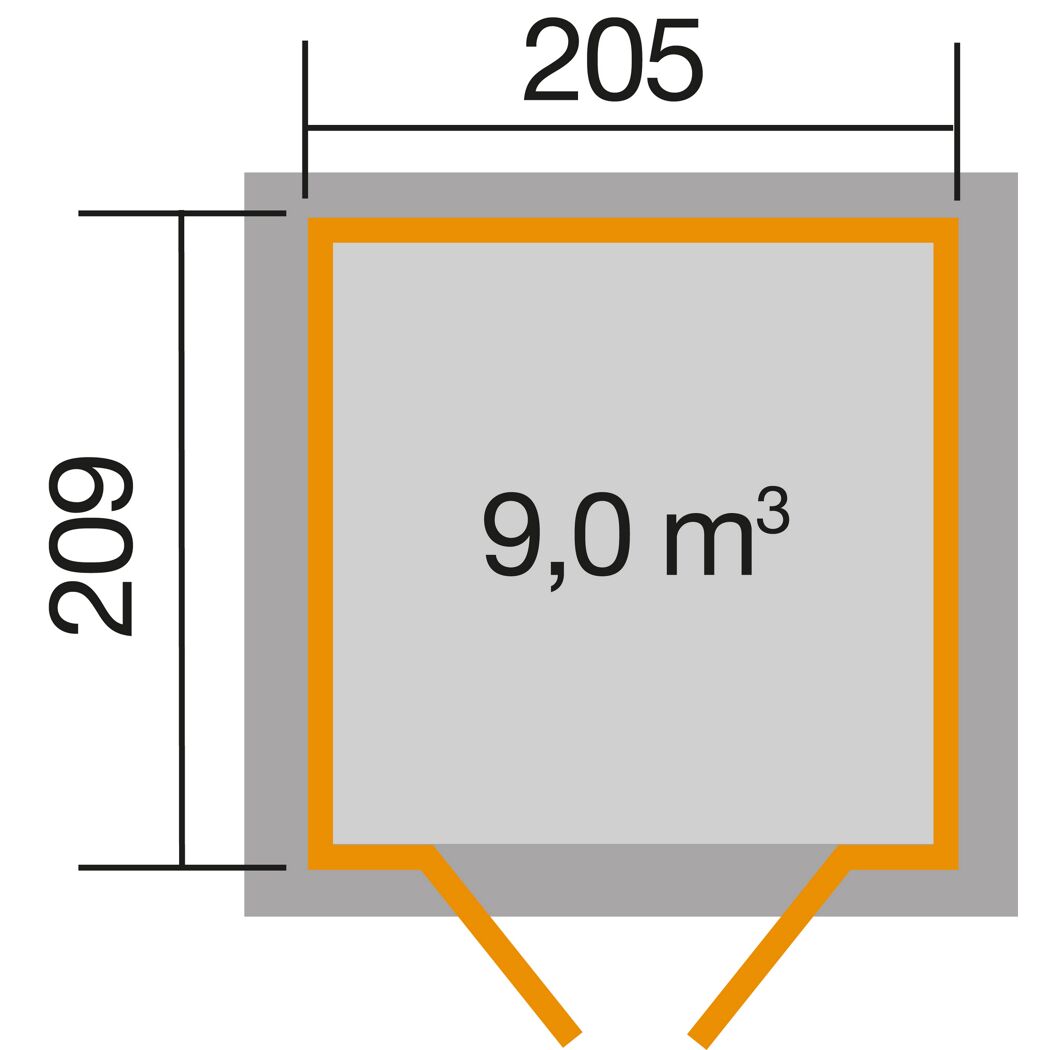 Gartenhaus mit 9,0 m³ Rauminhalt und den Maßen 209 x 205 cm