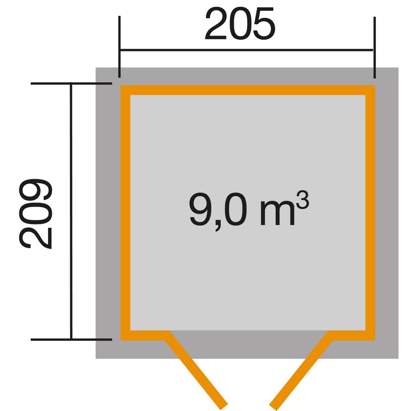 Gartenhaus mit 9,0 m³ Rauminhalt und den Maßen 209 x 205 cm