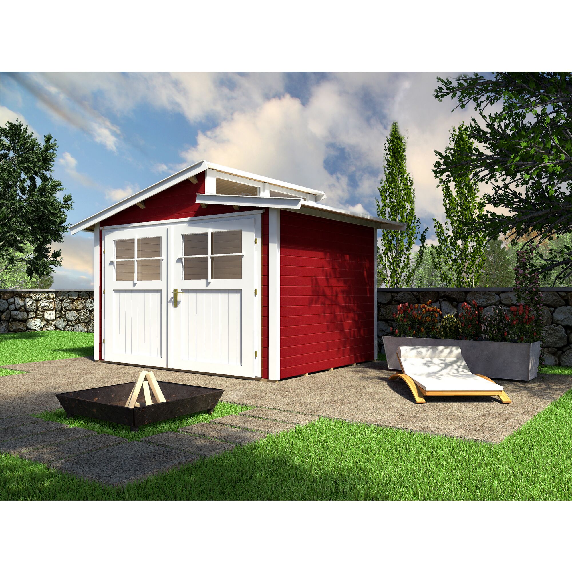 Rotes Gartenhaus mit weißen Türen und Fenstern