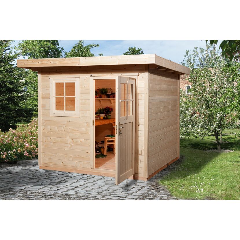 Gartenhaus aus Holz mit offener Tür
