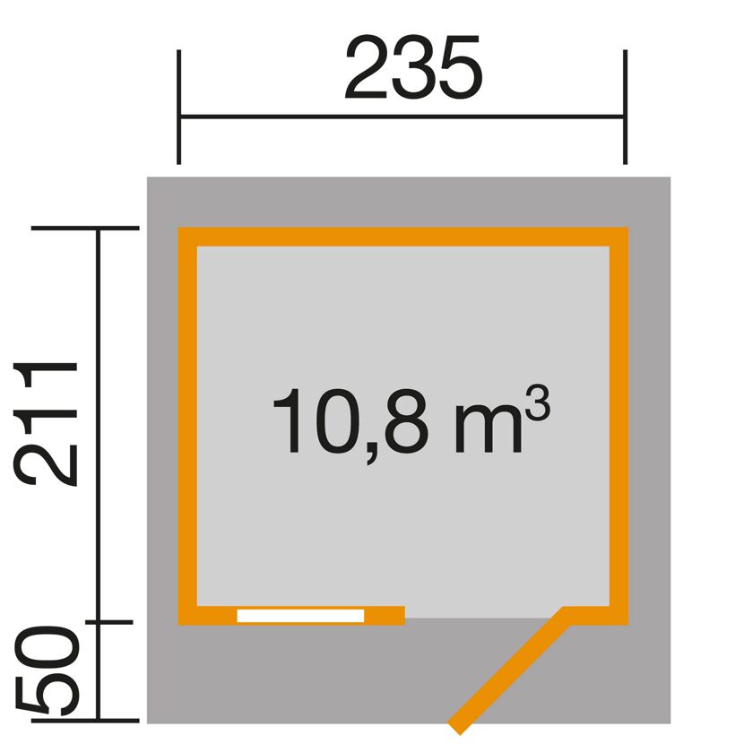 Gartenhaus mit den Maßen 235 x 211 x 50 cm und 10,8 m³