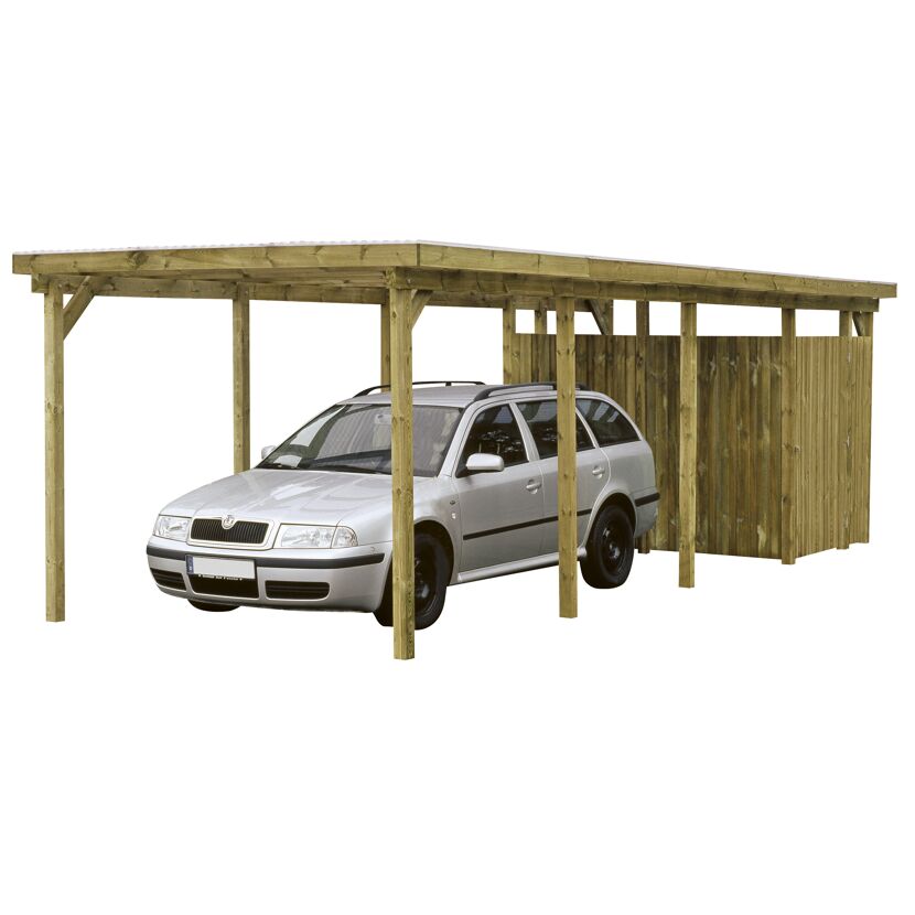 Auto steht unter einem Carport.