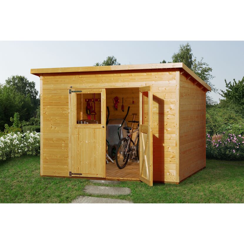 Gartenhaus mit Fahrrad und Schubkarre