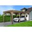 Carport aus Holz mit einem weißen Auto darunter.