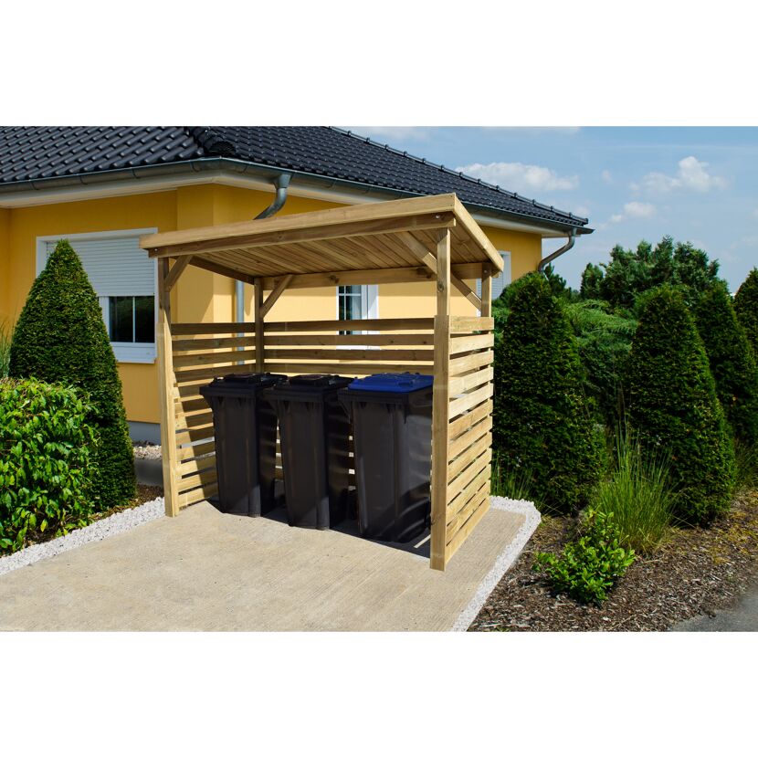 Mülltonnenbox aus Holz mit Mülltonnen