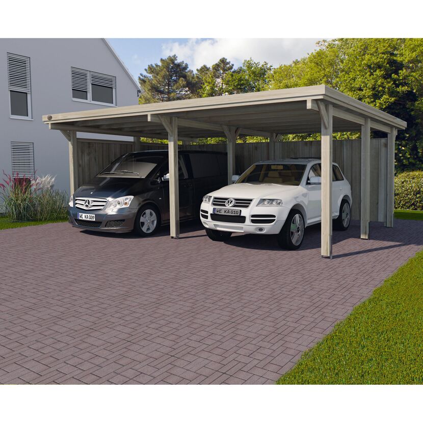 Doppelcarport aus Holz mit zwei Autos
