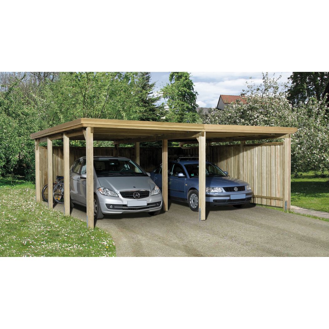 Doppelcarport aus Holz mit zwei Autos