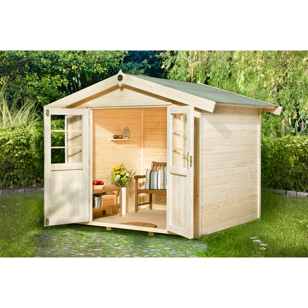 Gartenhaus aus Holz mit geöffneten Türen