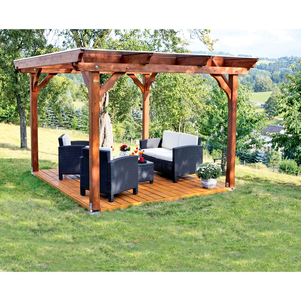 Pavillon Marseille mit Gartenmöbeln auf Rasenfläche