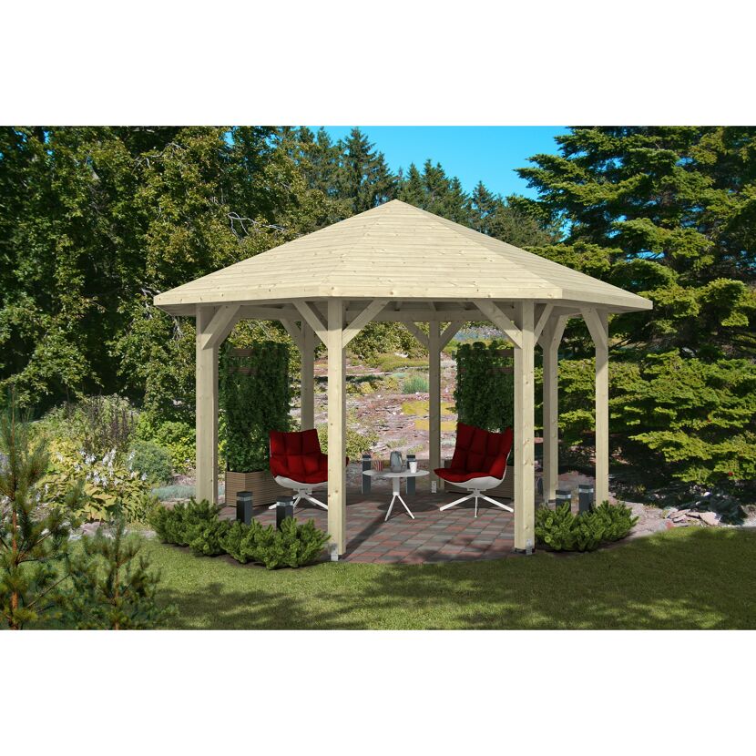Pavillon Nice aus Leimholz mit Gartenmöbeln