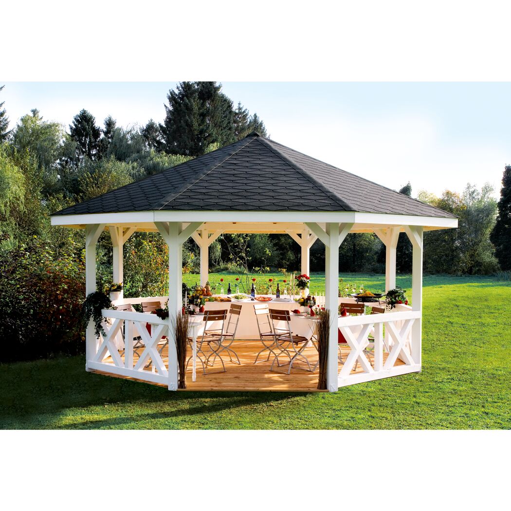 Weißer Pavillon mit schwarzem Dach und gedecktem Tisch
