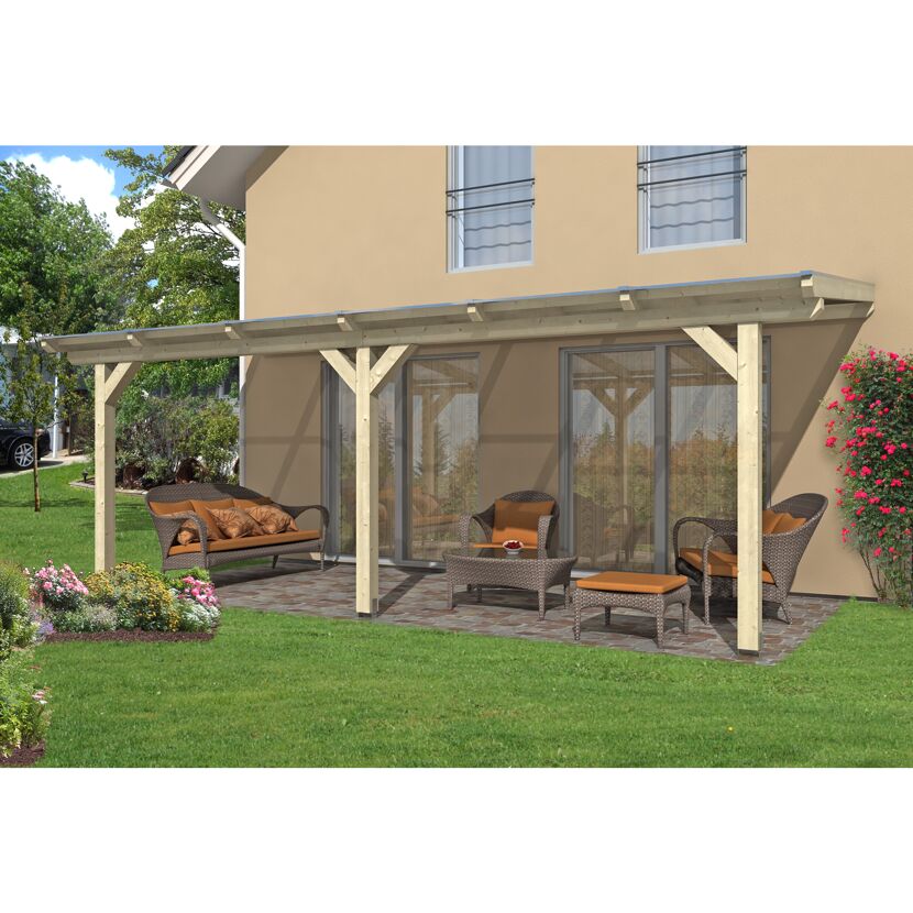 Holzterrassenüberdachung Andria mit Gartenmöbeln