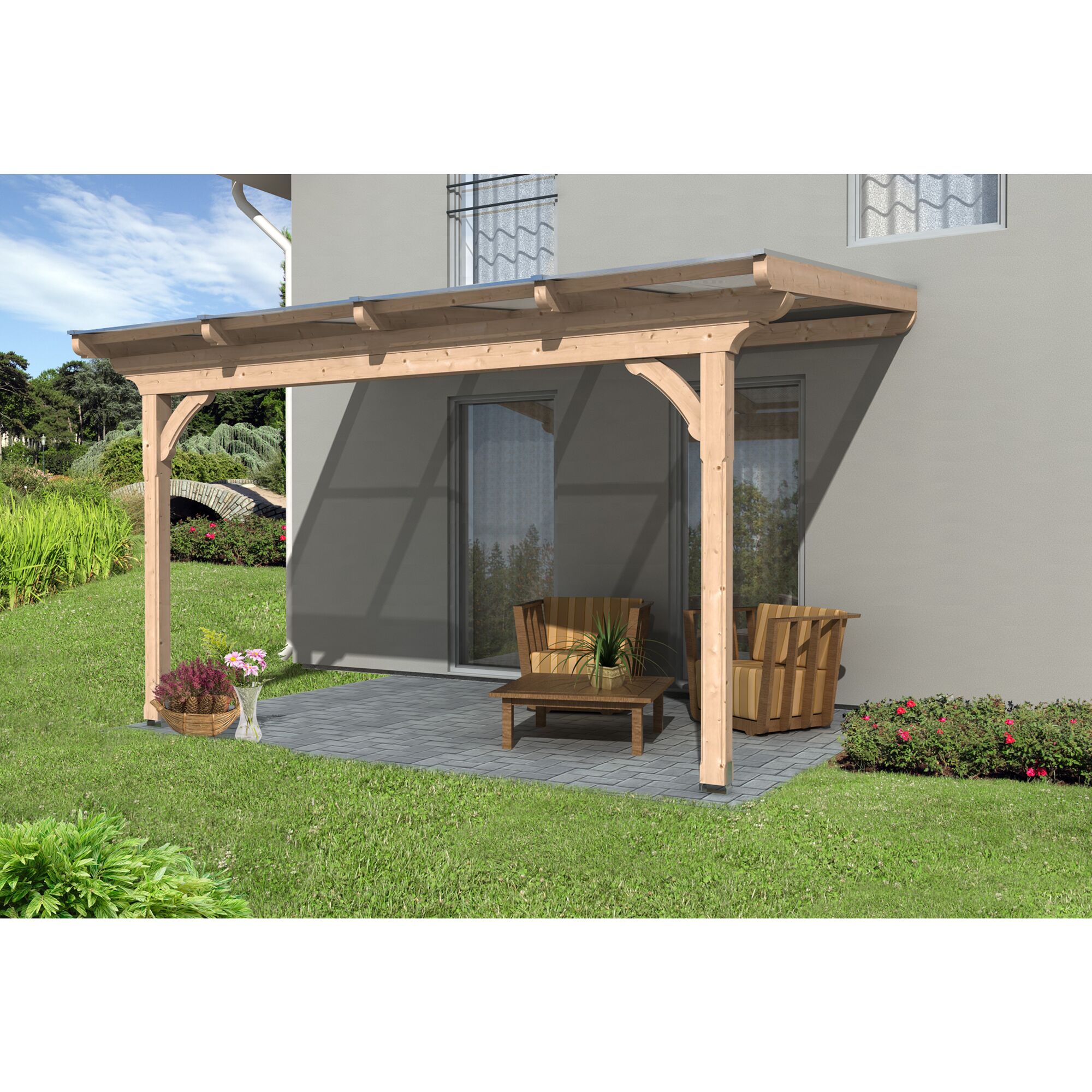 Holzterrassenüberdachung Ravenna mit Stühlen und Tisch