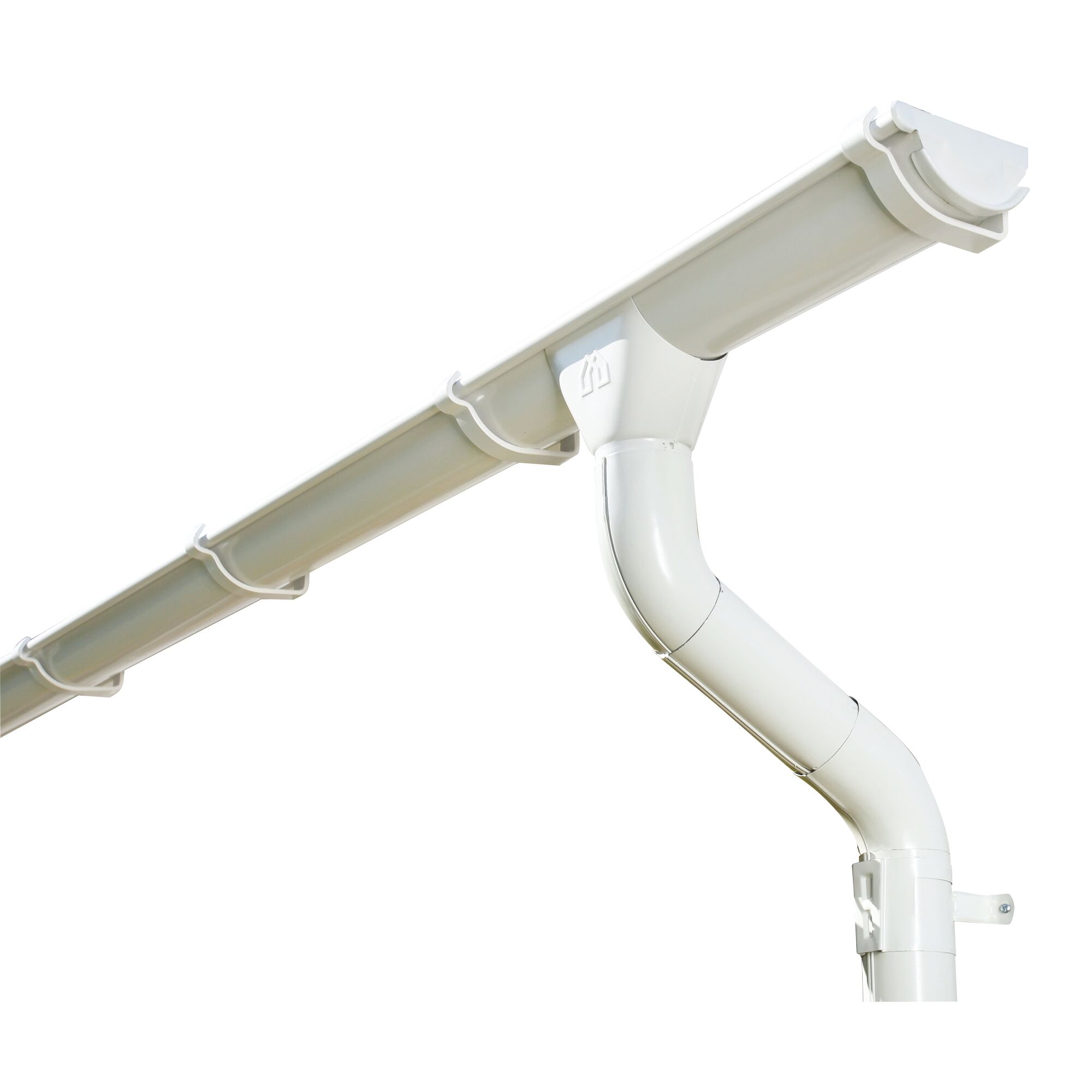 Weiße Regenrinne mit Fallrohr