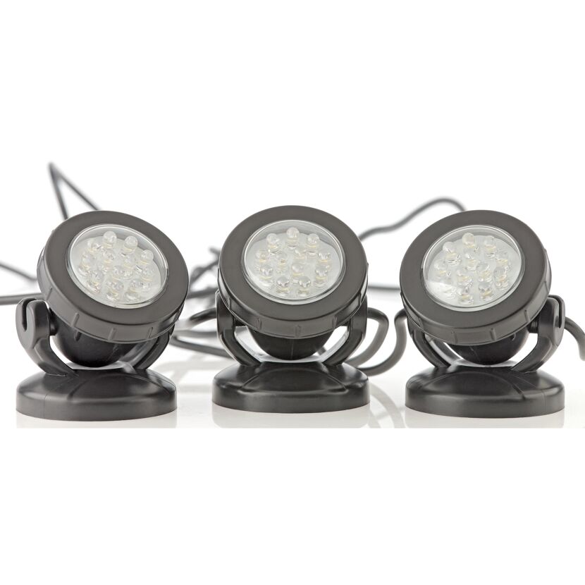 Drei schwarze LED-Teichleuchten nebeneinander