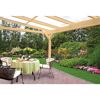 Überdachte Terrasse mit Gartenmöbeln und Garten im Hintergrund.