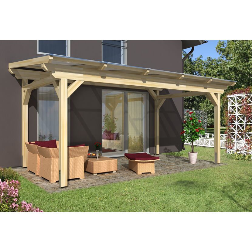 Überdachte Terrasse mit Gartenmöbeln