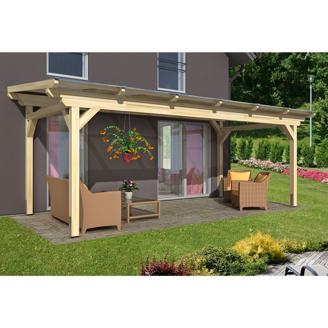 Holzterrassenüberdachung Sanremo mit Gartenmöbeln