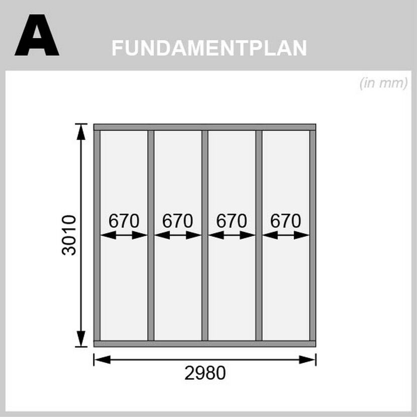 Fundamentplan mit Maßen in Millimetern.