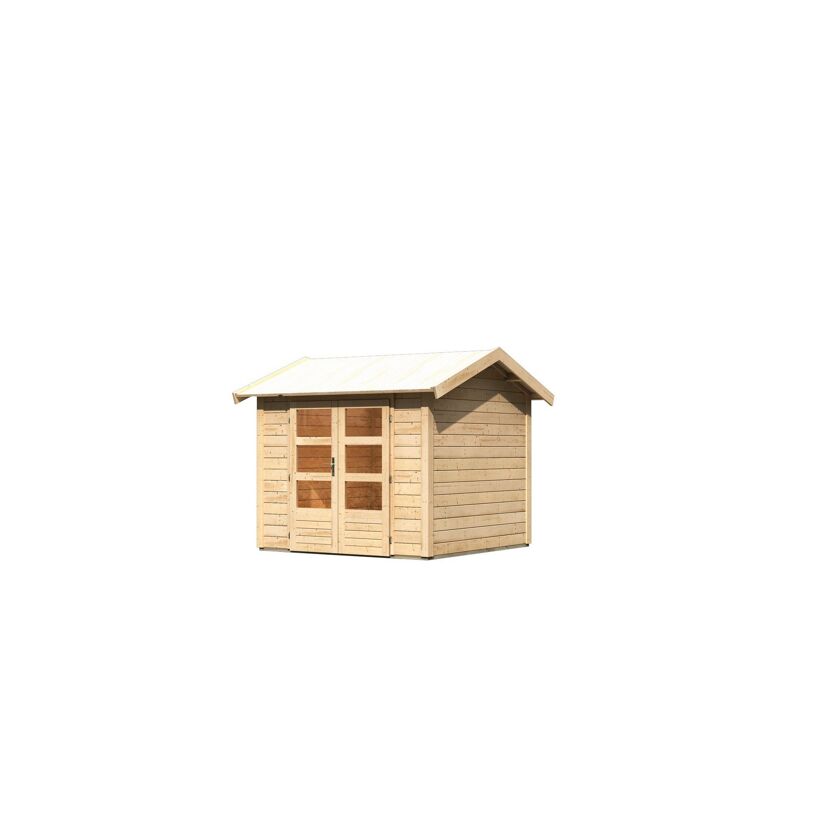 Kleiner Holzschuppen mit Doppeltür und Fenster