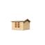 Kleines Gartenhaus aus Holz mit zwei Fenstern und einer Tür.