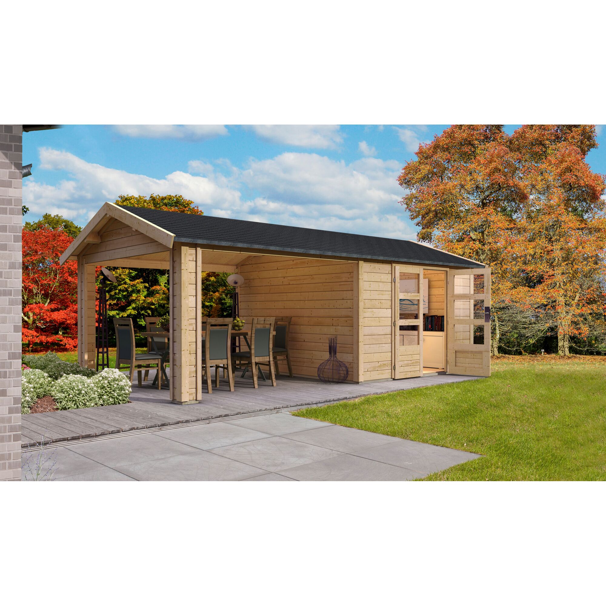 Holzpavillon mit Anbau und Esstisch im Garten