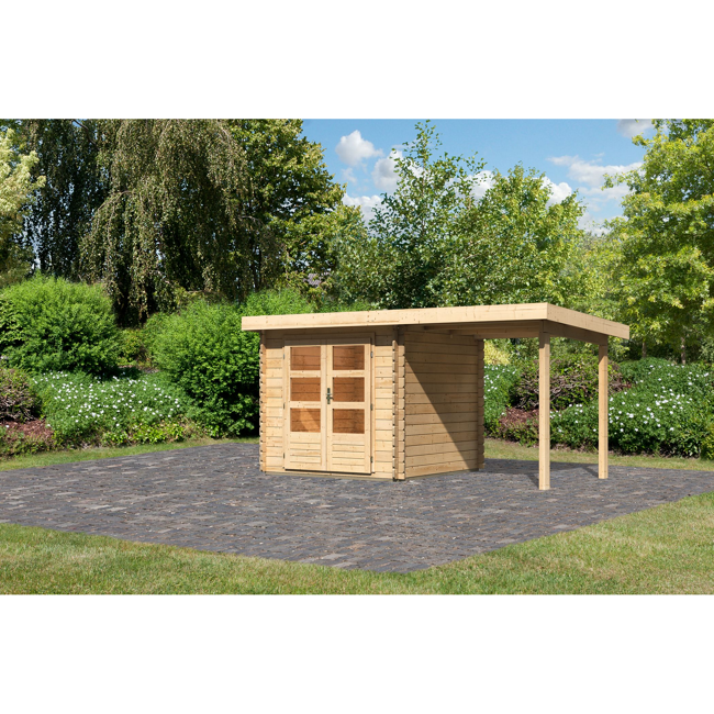 Bild von Blockbohlenhaus 'Rieneck 2' Set 1 inkl. Anbau 420 x 237 x 220 cm naturfarben