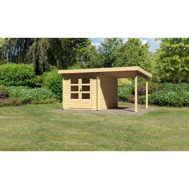 Bild von Karibu Blockbohlenhaus Rieneck 4 Set 1  inkl. Anbau 2 m naturbelassen