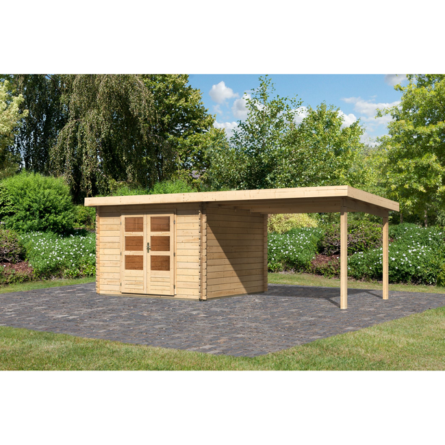 Bild von Blockbohlenhaus 'Rieneck 5' Set 3 inkl. Anbau 580 x 297 x 222 cm naturfarben