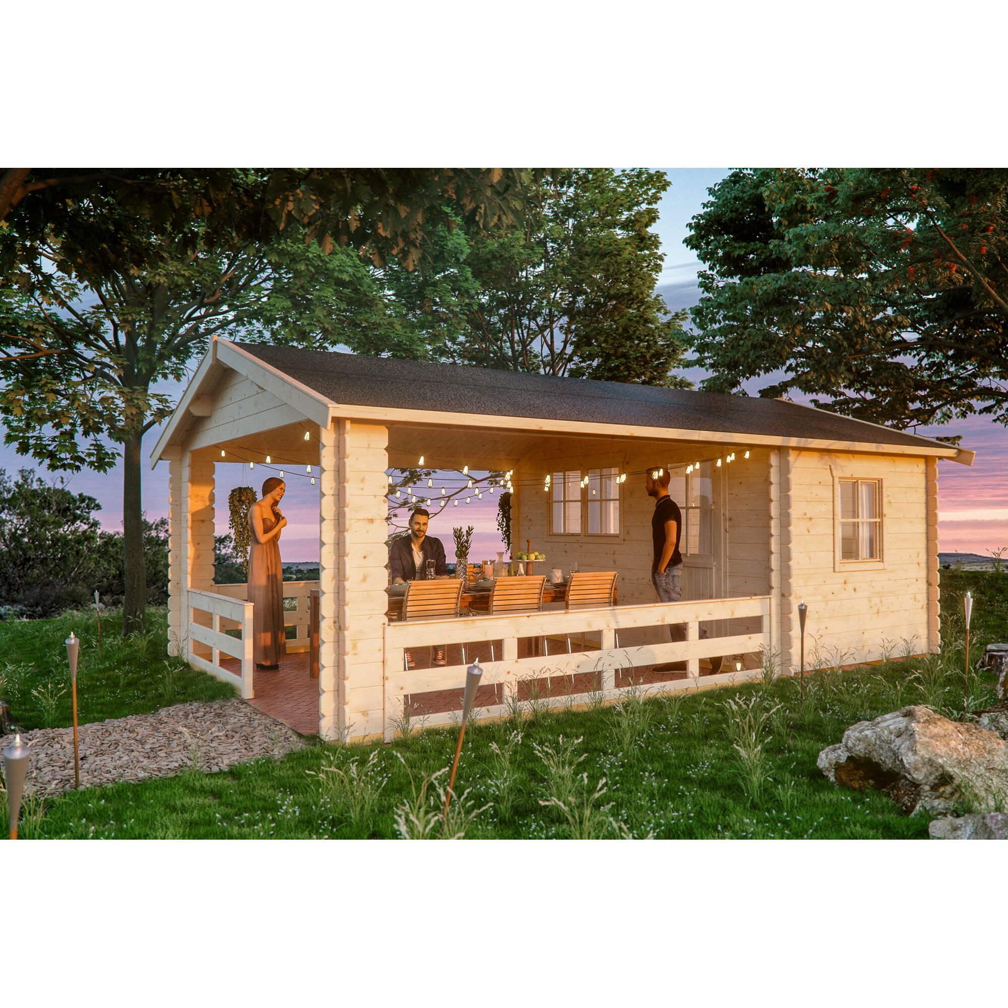 Gartenhaus GH Alicante mit überdachter Terrasse, Personen sitzen am Tisch