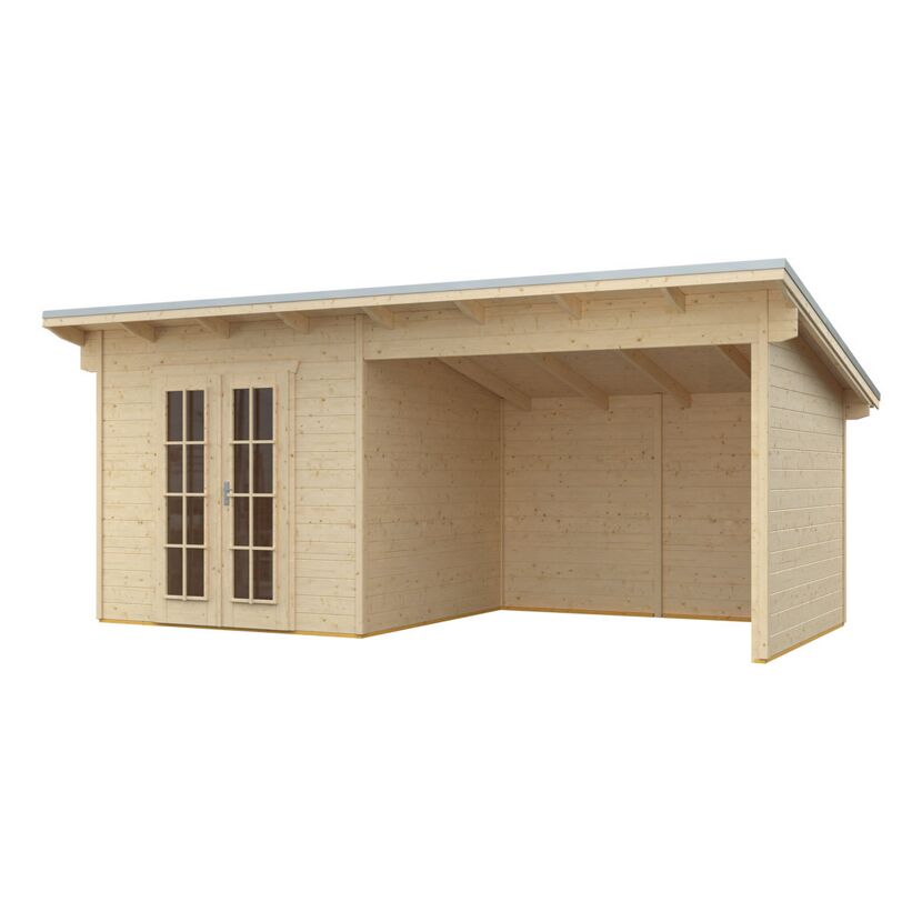 Gartenhaus aus Holz mit Doppeltür und angebauter Überdachung