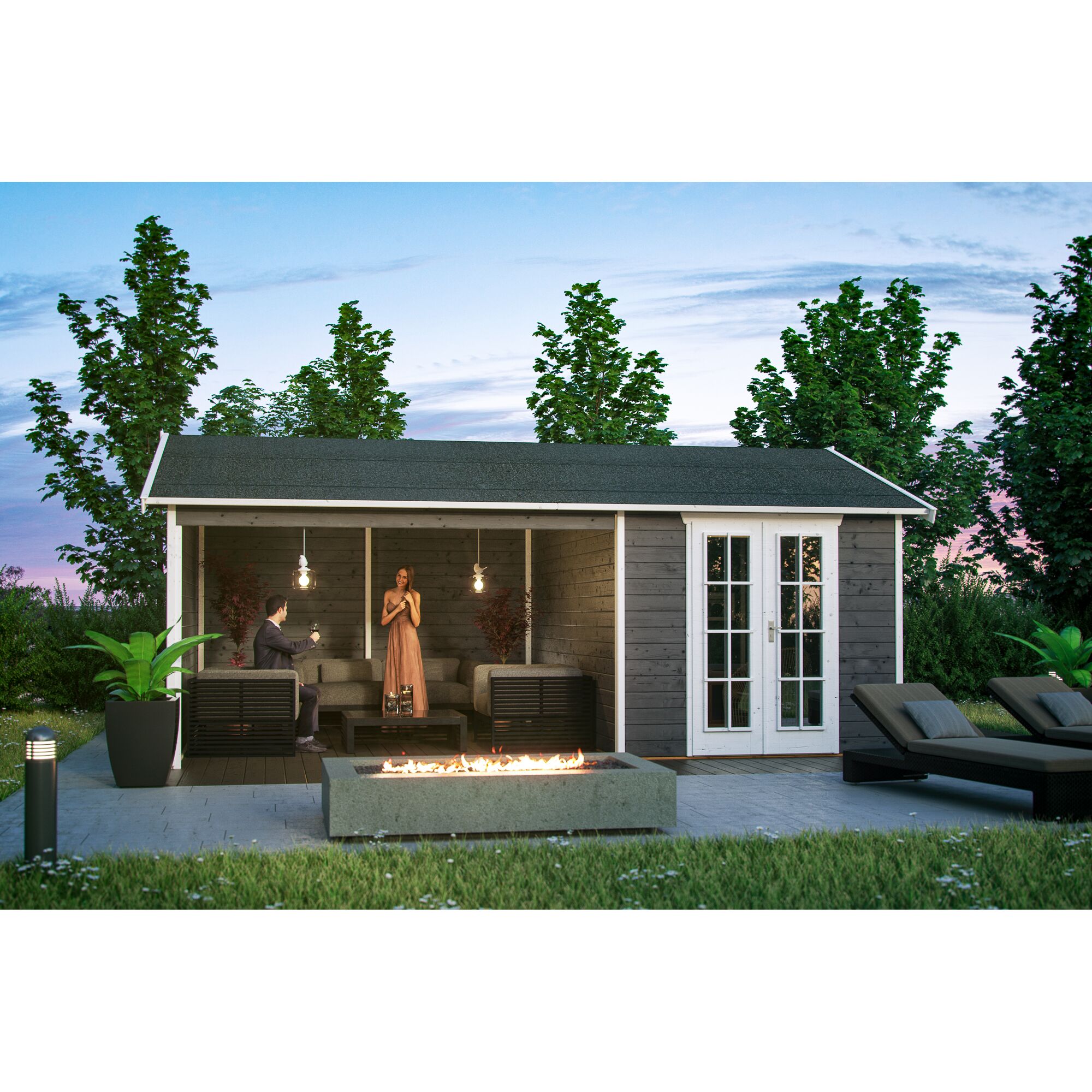 Gartenhaus GH Tilburg mit Lounge-Möbeln und Feuerstelle