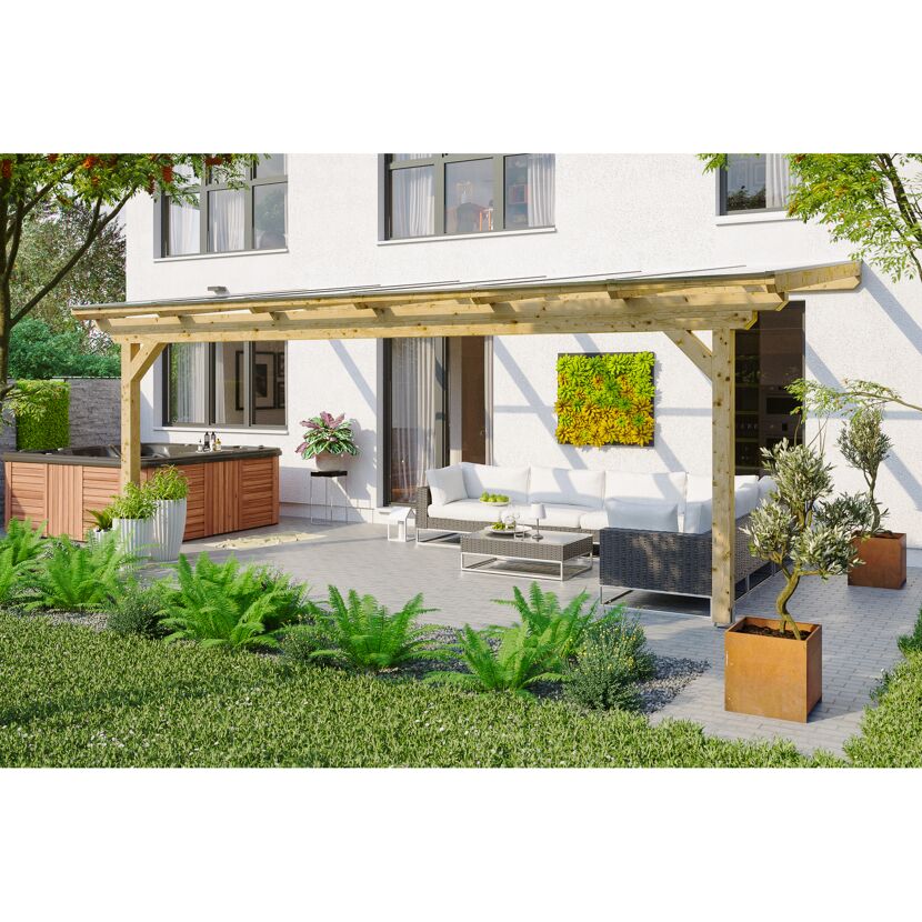 Holzterrassenüberdachung Ancona mit Whirlpool und Lounge-Möbeln