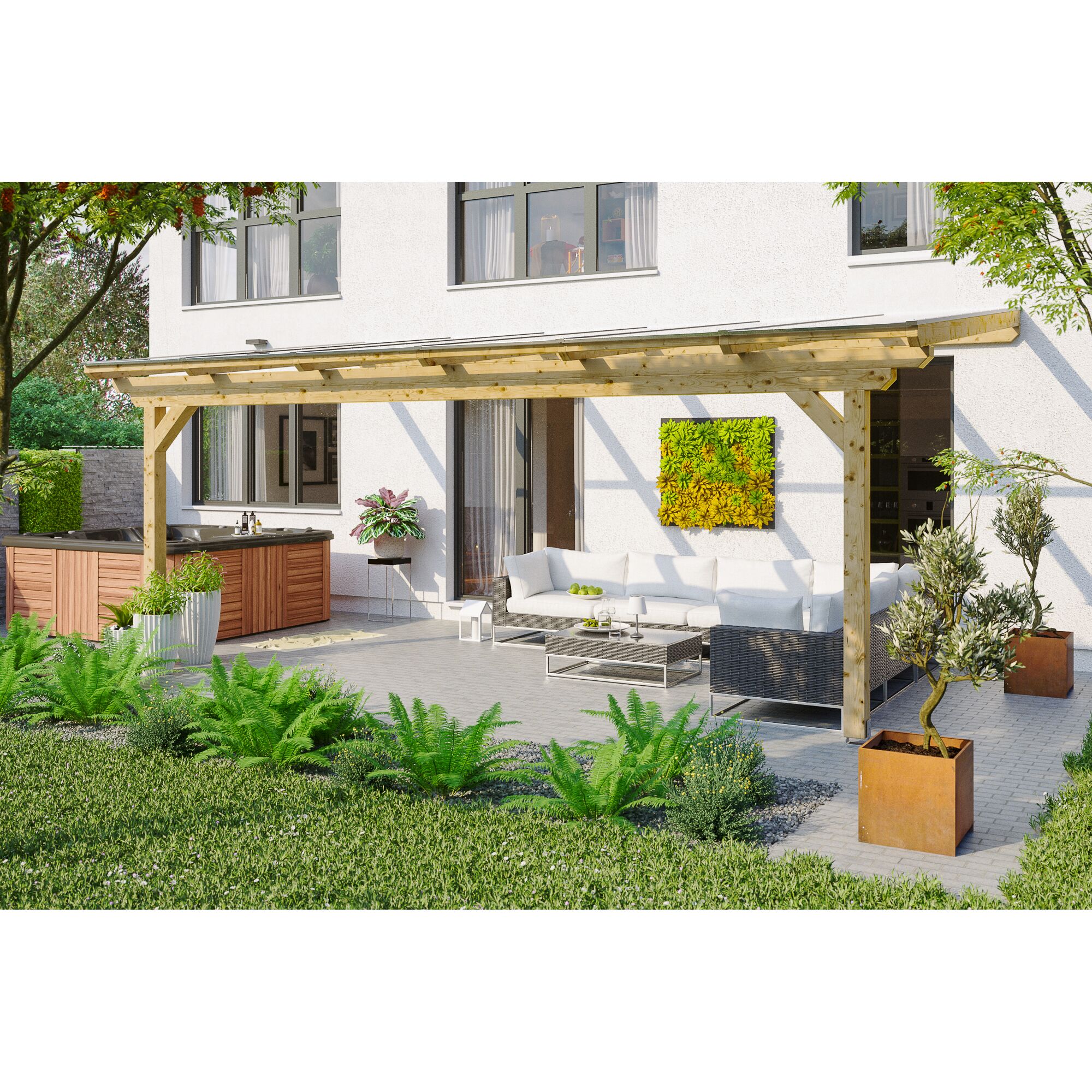 Holzterrassenüberdachung Ancona mit Whirlpool und Lounge-Möbeln