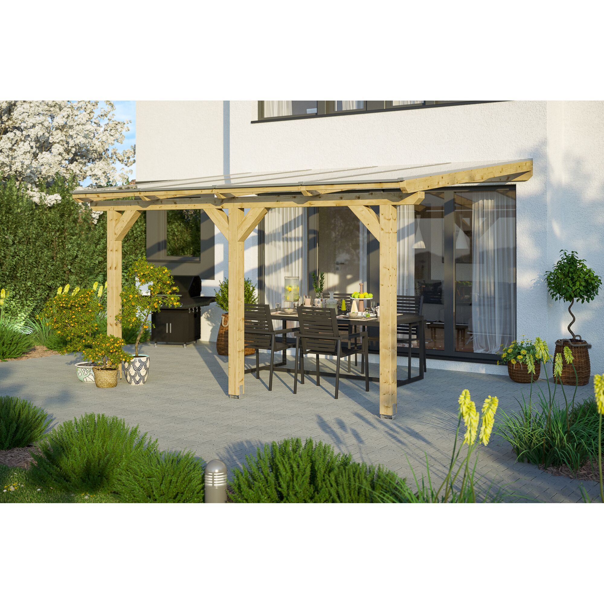 Überdachte Terrasse mit Esstisch und Stühlen