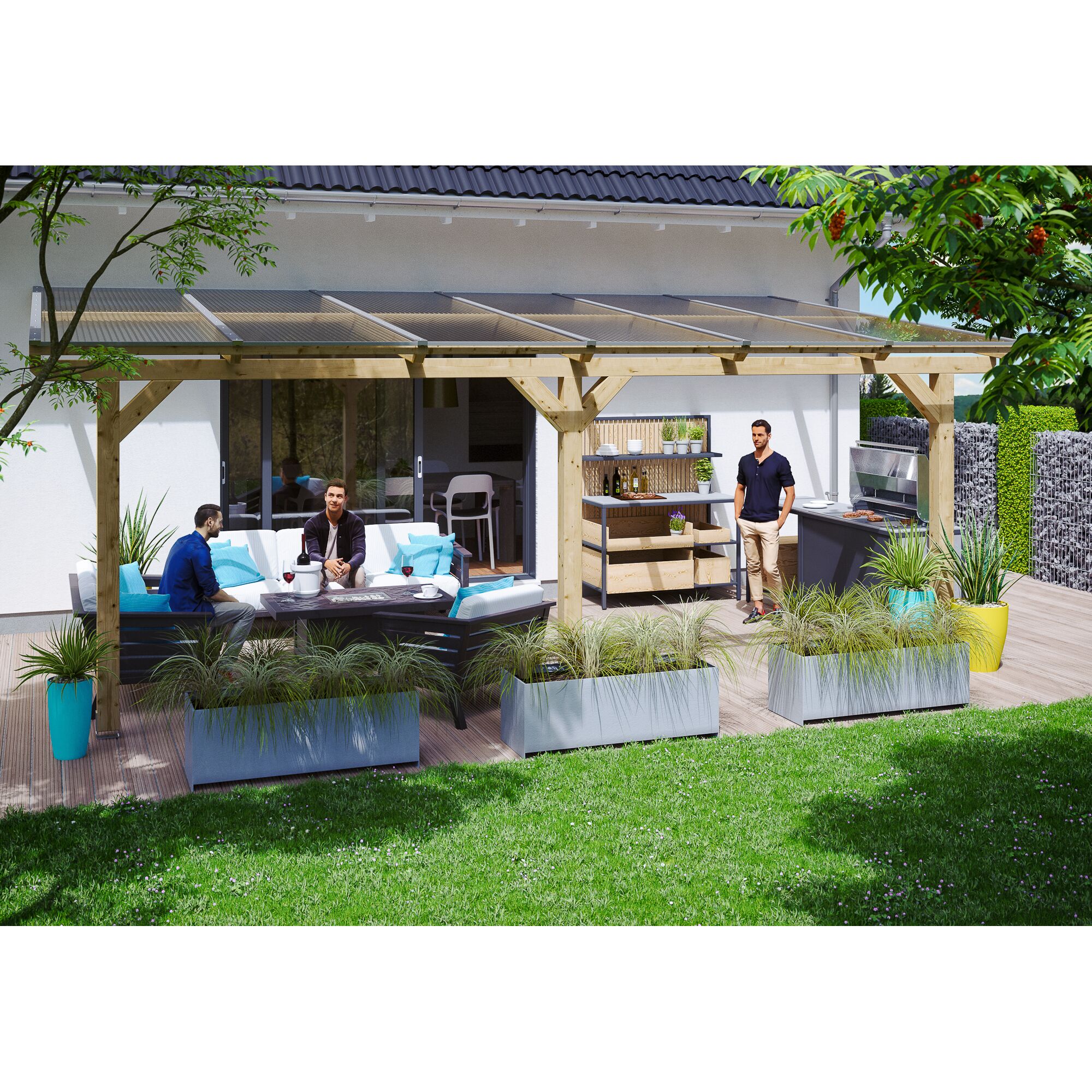 Personen sitzen unter einer Terrassenüberdachung und grillen.