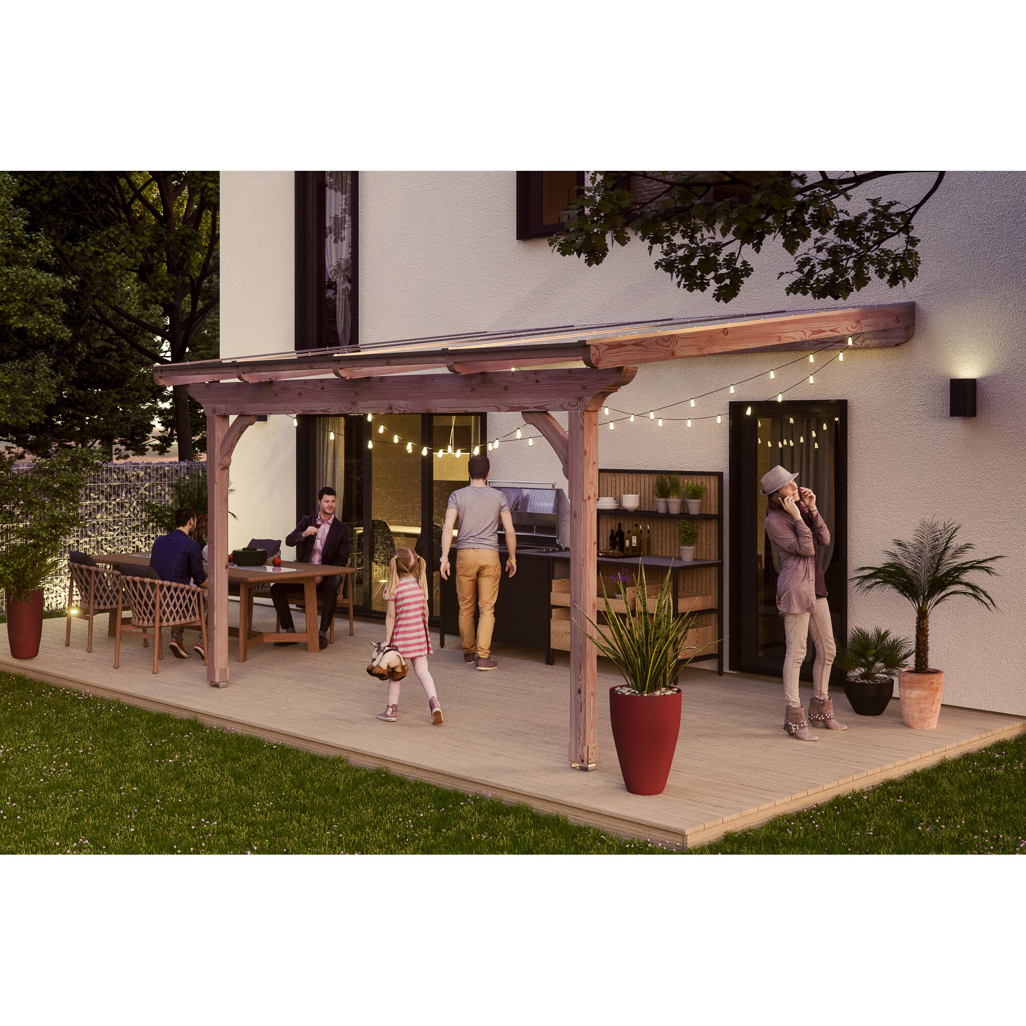 Familie unter Terrassenüberdachung mit Grill und Möbeln