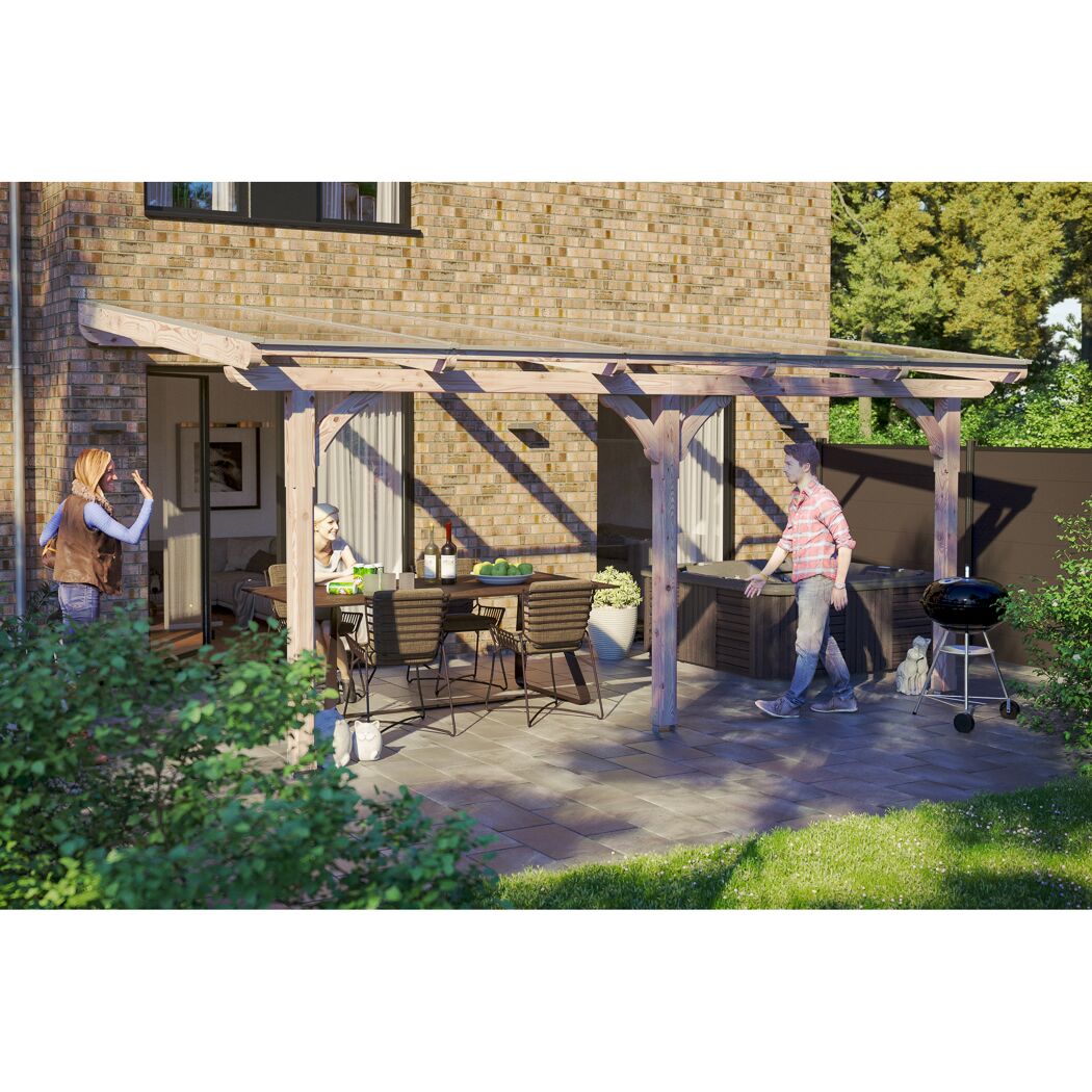 Holzterrassenüberdachung Rimini mit Getränken, Grill und Whirlpool